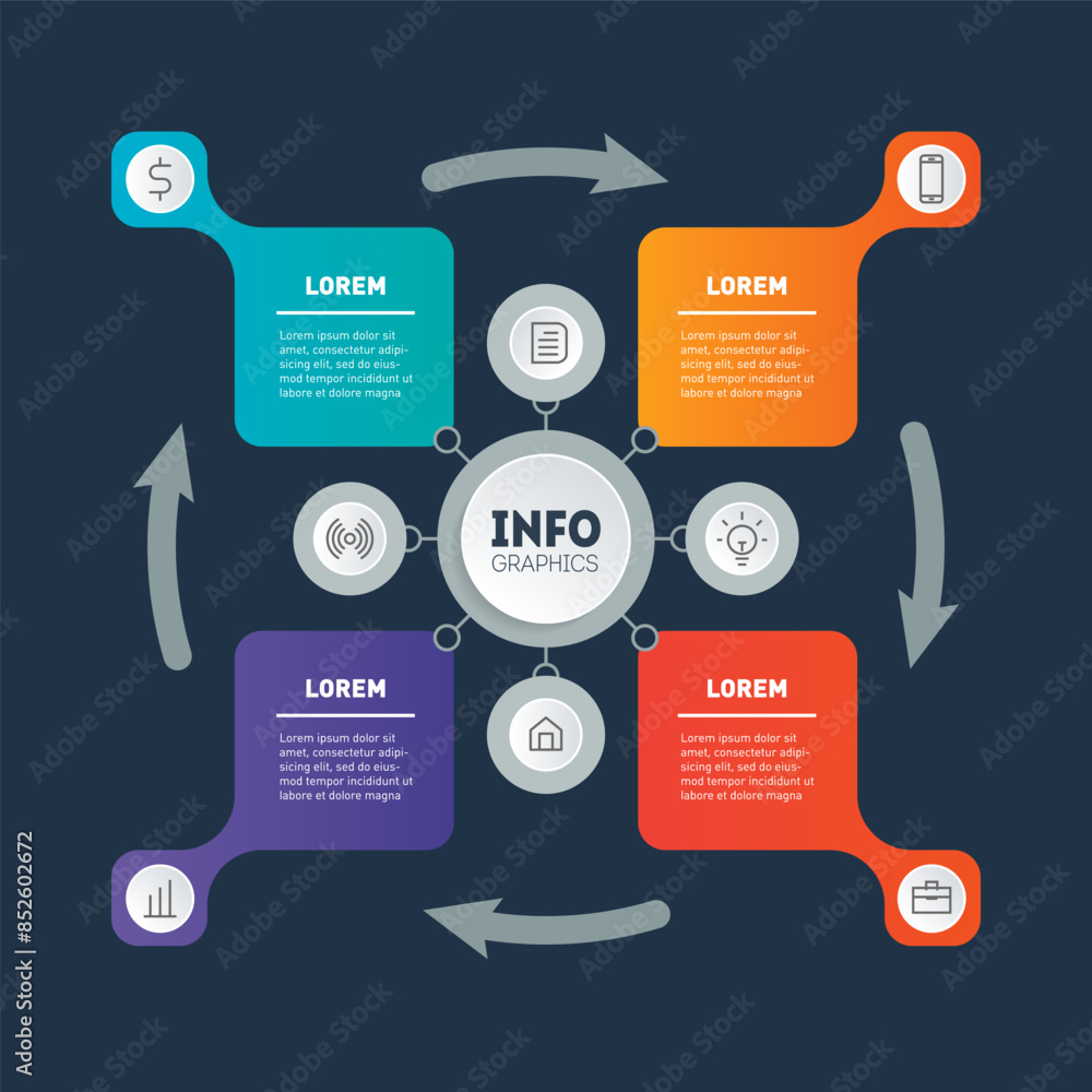 Poster timeline. the movement is counterclockwise. graphics infograph template with 4 steps and 8 icons.