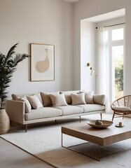 Contemporary minimalist living room with a beige sofa, wooden coffee table, and abstract art, evoking a serene and stylish atmosphere
