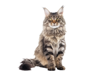 Full body shot of Maine Coon cat, sitting, looking around curiously.