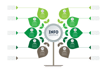 Vector infograph of agriculture processes with 10 steps. Green Business presentation concept with 10 options. Template of timeline, tree or info chart.