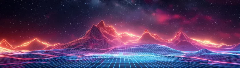 Fotobehang Futuristic digital landscape with vibrant neon lights, representing technology, innovation, and virtual reality in a dynamic sci-fi setting. © BoOm
