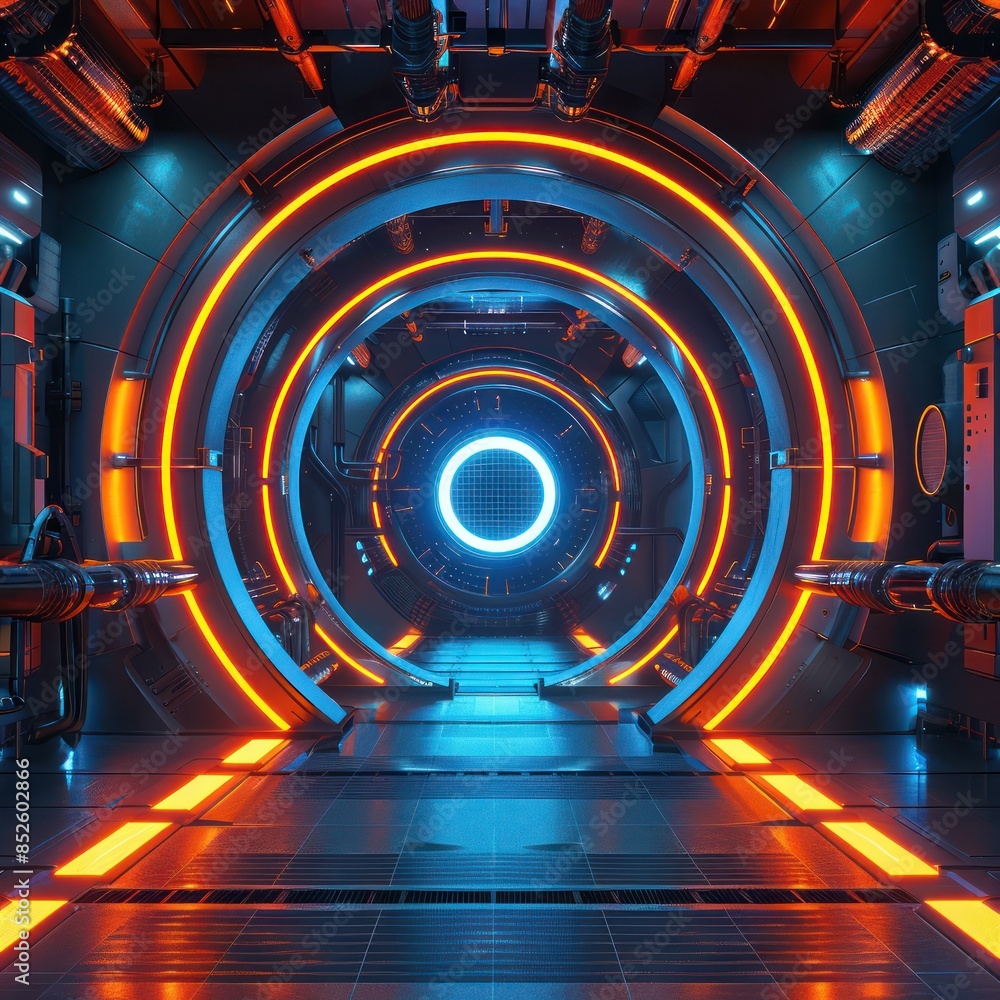 Poster futuristic sci-fi corridor with neon lights and circular architecture, evocative of space travel and