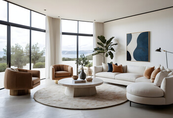 Fototapeta premium Chic living room with a peaceful view of a calm landscape, enhanced by expansive windows that flood the room with natural light