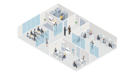 People workplace in office isometric design. Company employees man and woman team work together in comfortable modern cabinet. Business center floor interior inside with furniture. Vector illustration