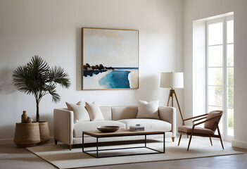 Contemporary living room with stylish furniture, featuring an abstract ocean painting and natural light pouring in from the window