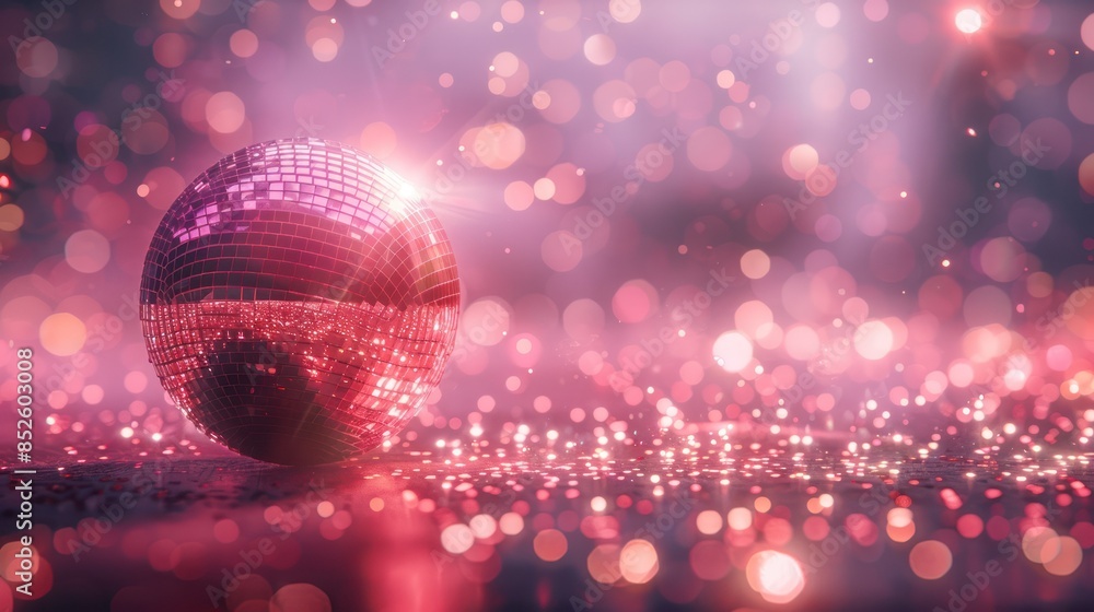 Poster glittering pink disco ball resting on a sparkling surface, surrounded by bokeh lights, creating a vi