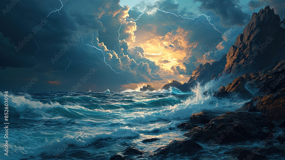 Canvas Prints Lightning bolts flash brightly over a dark ocean 