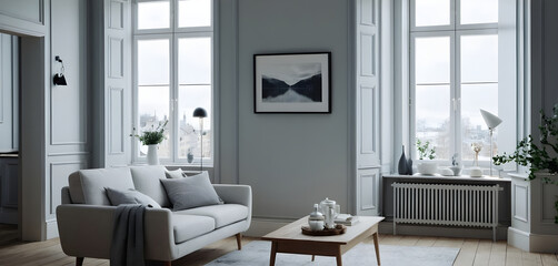 Modern, cozy living room with large windows and city view. Bright, airy space with minimalist scandinavian decor for relaxing in the city