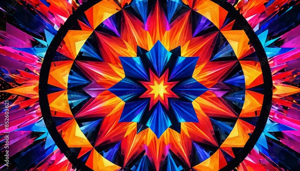 Poster a mesmerizing kaleidoscope pattern bursting with bold, vibrant colors. the geometric design creates 