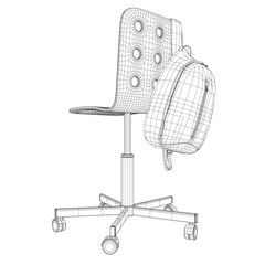 Wireframe of a backpack hanging on a chair made of black lines isolated on a white background. Vector illustration. 3D.