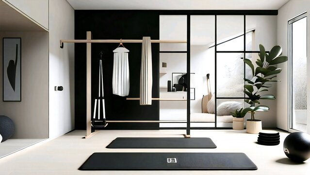 Modern Minimalist Home Gym Space With Yoga Mats and Exercise Equipment 
