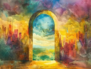 Colorful abstract painting depicting a magical doorway leading to a serene landscape with vibrant cityscape and sky.