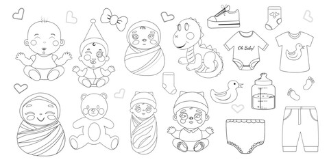 Doodle cartoonstyle. Babies, toys, clothes set for mammy, baby shower party. Different collection with newborn babies, animals, toys, kid clothes. Vector illustration	