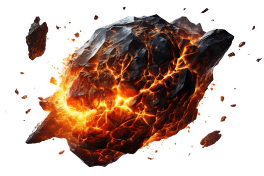 A Fiery Rock Explodes in a Cosmic Dance on a Clear PNG or White Background.