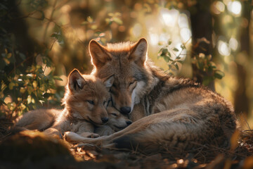 Mother wolf with her newborn cubs together, new life and family concept