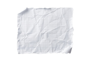 Crumpled sheet of grid paper with a white background. Ideal for textures, scrapbooking, or artistic projects requiring a vintage aesthetic.