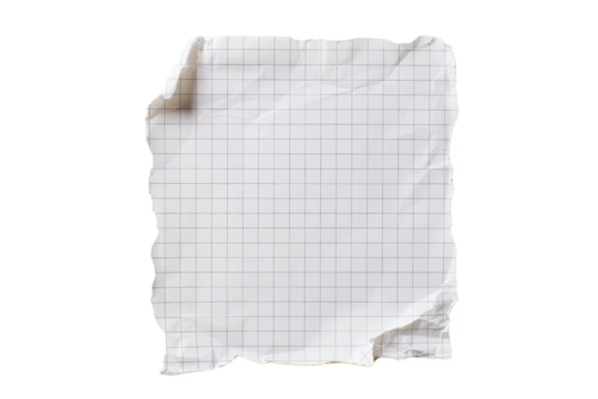 Crumpled sheet of graph paper isolated on white background. Ideal for design projects, texture backgrounds, or educational materials.