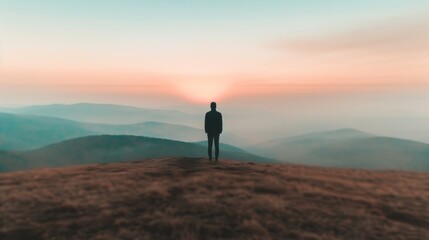 Obraz premium Person standing on a hilltop overlooking a foggy mountain landscape at sunrise