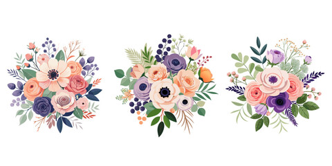 Vector floral bouquet design garden pink peach lavender creamy powder pale Rose wax flower, anemone Eucalyptus branch greenery leaves berry.