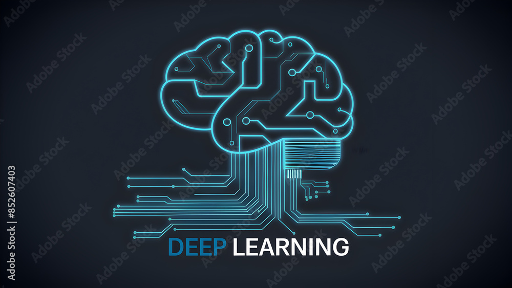 Poster a stylized representation of a human brain with electronic circuits emanating from it. the brain is 