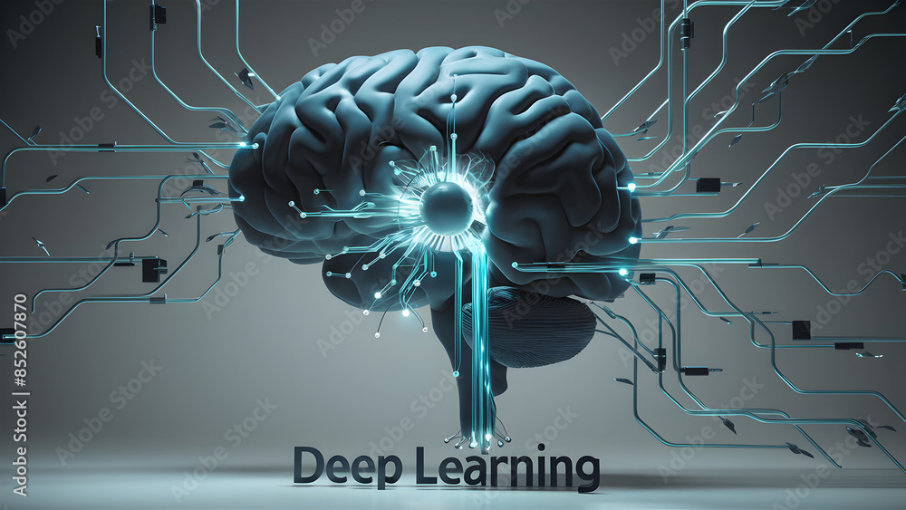 Poster a stylized representation of a human brain with electronic circuits emanating from it. the brain is 