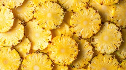 Background of pineapple slices with a textured pattern of yellow pineapples