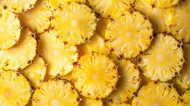 Background of pineapple slices with a textured pattern of yellow pineapples