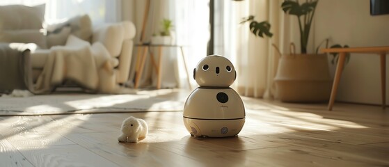 full-body android pet robot assisting with household chores, cleaning mode, high-tech features