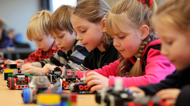 Group of children building and programming robots using Mindstorms kits, highlighting STEM education in early childhood