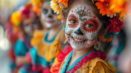 children dressed in Dia de los Muertos costumes, smiling and playing, Day of dead, kids