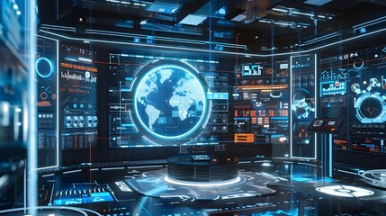 futuristic workspace immersive data visualization and global connectivity in a high-tech office