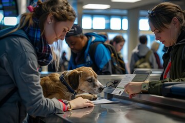 scene at an airport where workers are checking documents for pets traveling with their owners