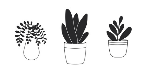Hand drawn houseplant outline set isolated on white background