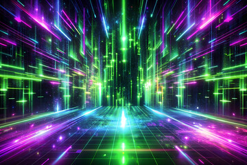 Fototapeta premium Neon green and purple flashes on black background. Futuristic digital glitch effects