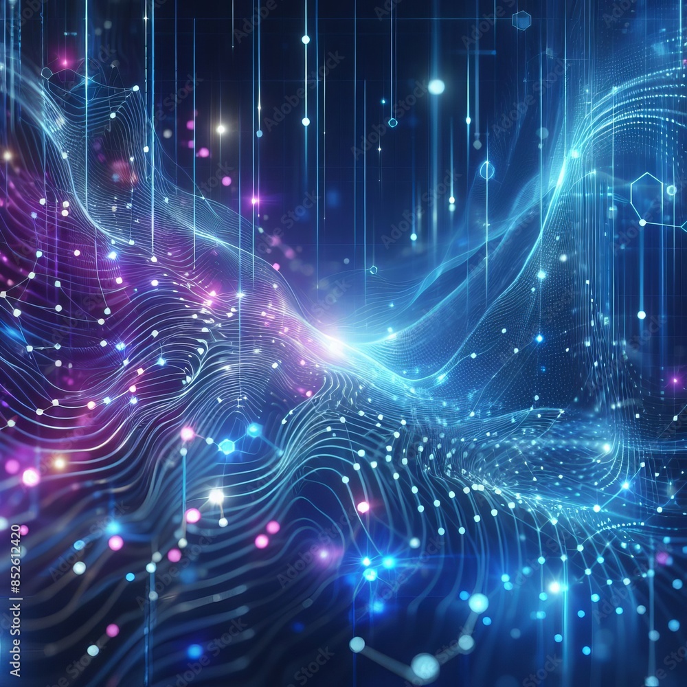 Poster a vibrant digital landscape featuring glowing data streams and dynamic lines in blue and pink hues. 