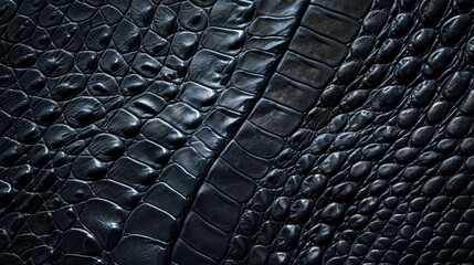 Close up of embossed reptile skin texture in black color on genuine leather background Natural backdrop with space for text representing the ideas of shopping and production
