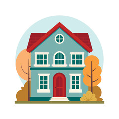 Autumn mood. Street suburb district house isolated on white background. Flat vector illustration