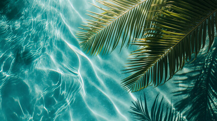 水面と椰子の木の葉　Water and sand surface with tropical palm leaves shadow