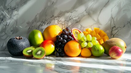 Vibrant Fruit Assortment on Marble Countertop with Natural Light