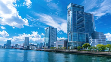 Obraz premium global business background, With tall business towers. Business buildings on the skyline on the sea. city ​​scape and network connection concept. business globalization Connection technologies.