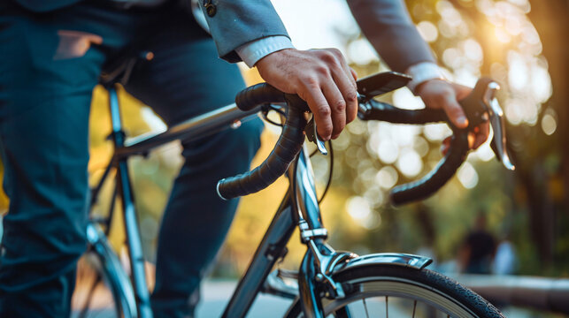 Secure Bicycle Parking in Urban Center - Businessman Locking Bike on City Street with Skyline View for Copy Space Overlay.