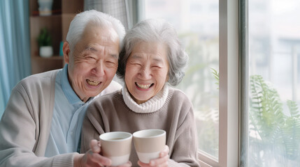 Happy Elderly Couple Enjoying Tea Together by the Window in a Cozy Home Environment, Embracing Each Other with Warm Smiles and Showing Love and Companionship in Their Golden Years