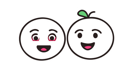 Fototapeta premium Two round cartoon faces with cheerful expressions on a transparent background. One side has a small green leaf on top, with eyes and mouths on either side, suggesting happiness and playfulness.AI gene
