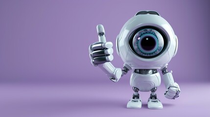 A cute robot with a camera for an eye gives a thumbs up. It has a friendly expression on its face. It is standing on a purple background.