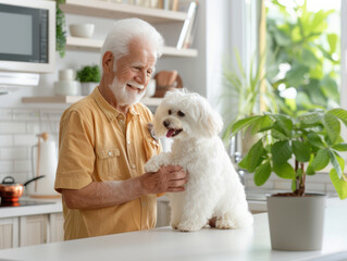 Joyful Senior Man Playing with Adorable White Dog in Cozy Modern Kitchen Filled with Natural Light, Enjoying Peaceful Morning Routine and Companionship of His Furry Friend Near Green Plant