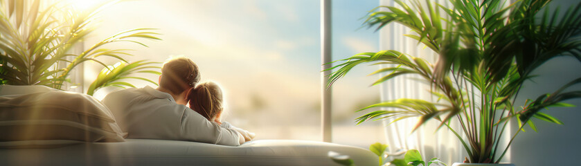Serene Couple Enjoying a Peaceful Morning, Surrounded by Lush Indoor Plants and Bathed in Warm Sunlight from a Large Window, Creating a Tranquil and Cozy Atmosphere for a Perfect Start to the Day