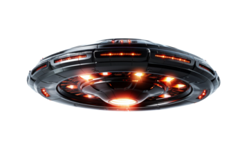 A Glowing Disc Shaped UFO Hovering In The Air on a Clear PNG or White Background.