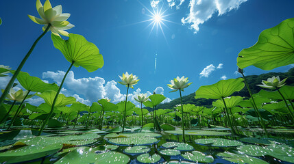 Upward angle view of a lotus pond featuring vibrant lotus leaves and a clear water surface with duckweed, set against a blue sky. The high saturation and natural light highlight the fresh green tones 