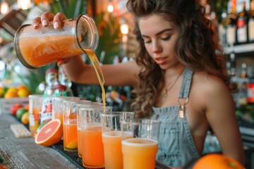 Close-up photo of Caucasian female bartender pouring juice into cups at a bar counter.