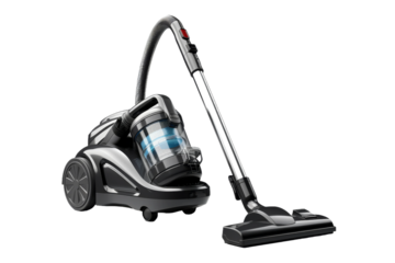 A Modern Black Vacuum Cleaner Ready For Action on a Clear PNG or White Background.